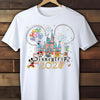 White t-shirt with Disney-themed design on a wooden background