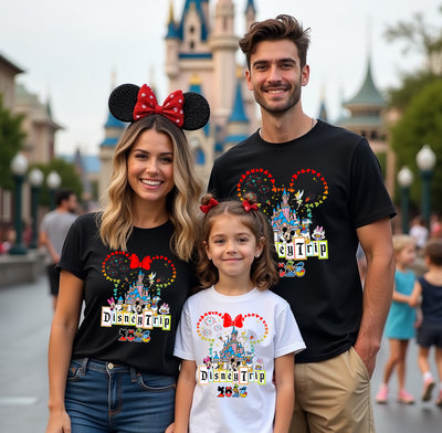 Family wearing matching Forever Ears Family Trip Disney t-shirts