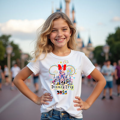 Girl wearing matching Wishes & Wonder Family Trip Disney t-shirts