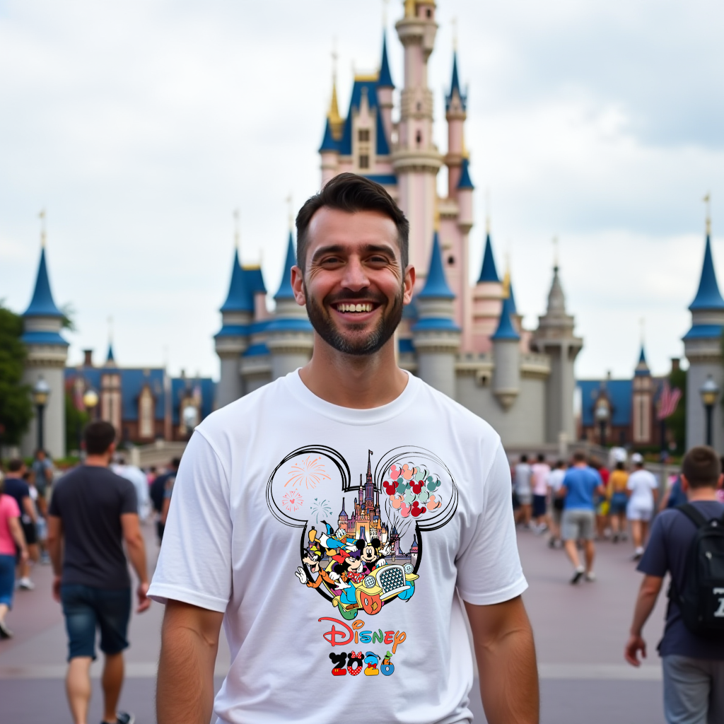 Man wearing a Disney 2026 t-shirt in front of a castle at a theme park.
