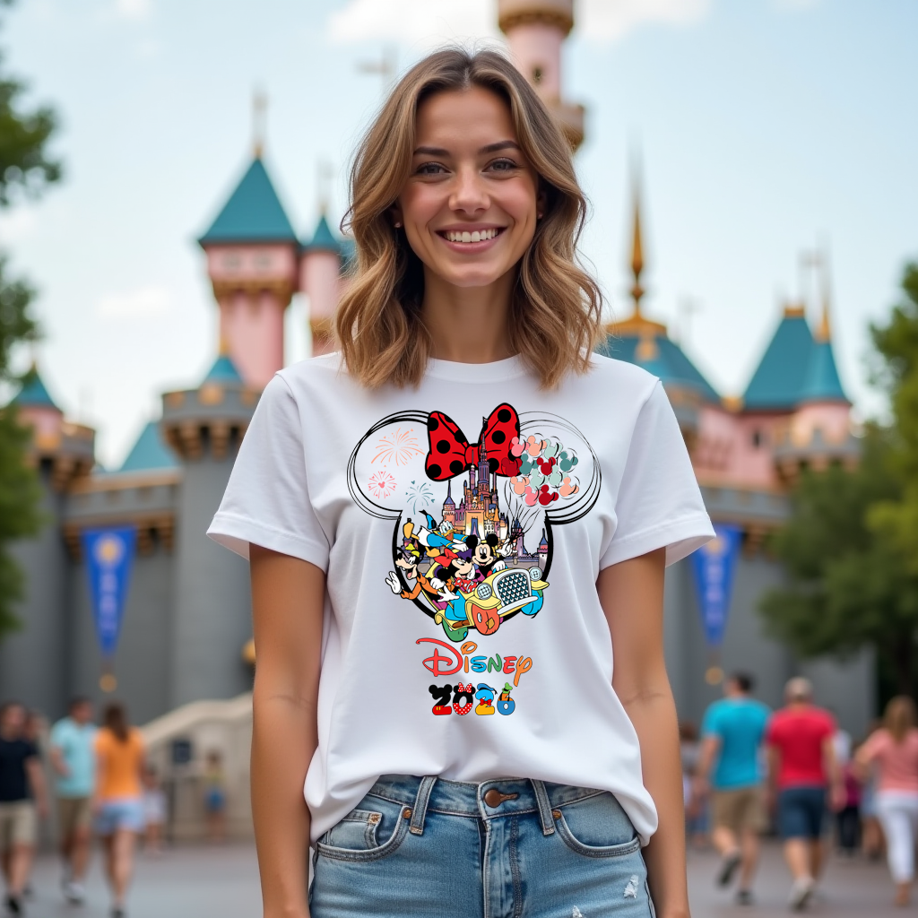 Woman wearing a Disney-themed t-shirt with castle and character design in front of a castle background.