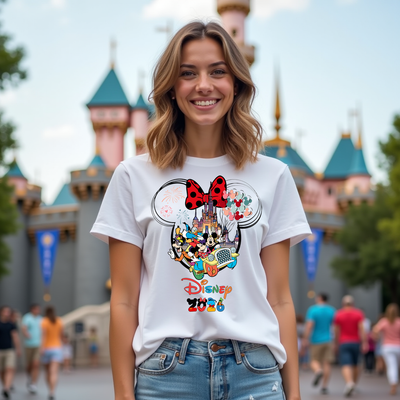 Woman wearing a Disney-themed t-shirt with castle and character design in front of a castle background.
