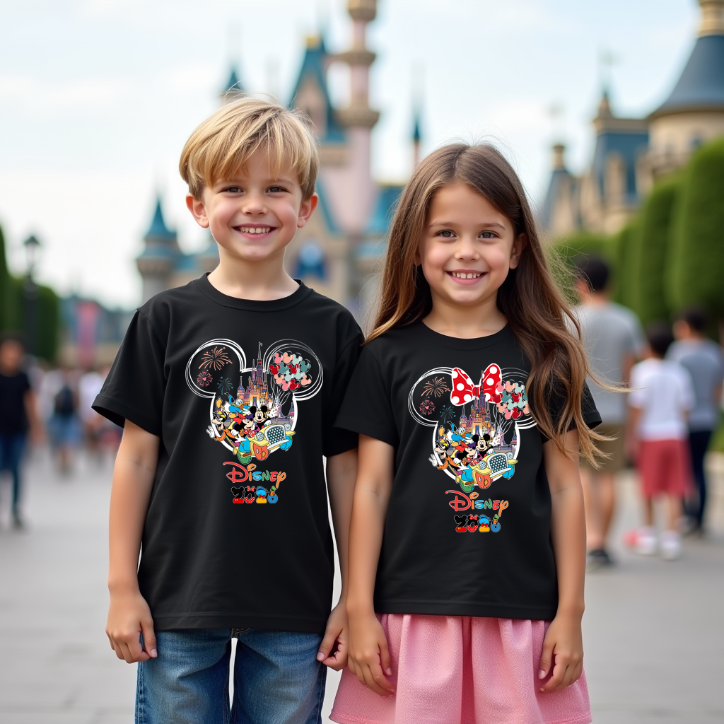 Two children wearing black Disney t-shirts with colorful mouse ears designs in front of a castle.