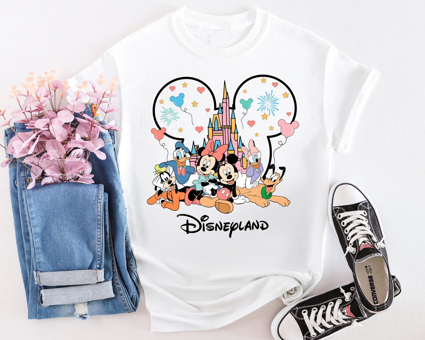 Balloon Parade t-shirt – Disney inspired design laid flat with accessories