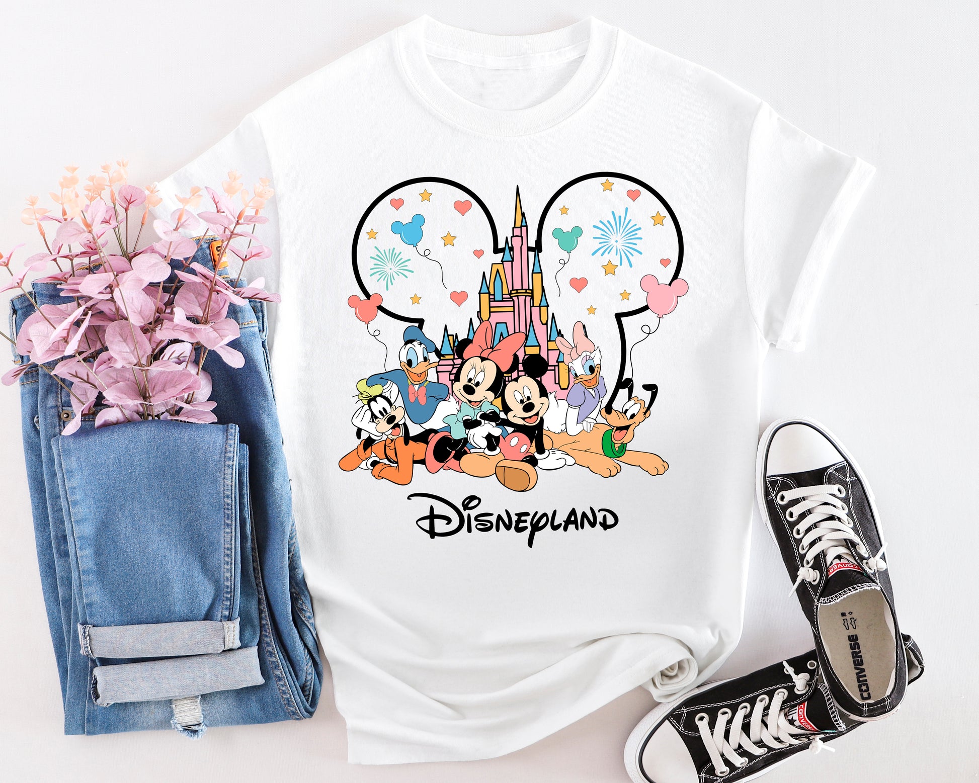 Balloon Parade t-shirt – Disney inspired design laid flat with accessories