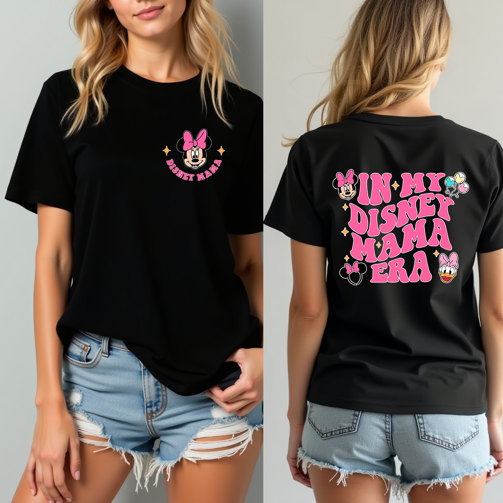 Front view of In My Disney Mama Era T-shirt featuring bold Disney-inspired lettering on soft cotton fabric