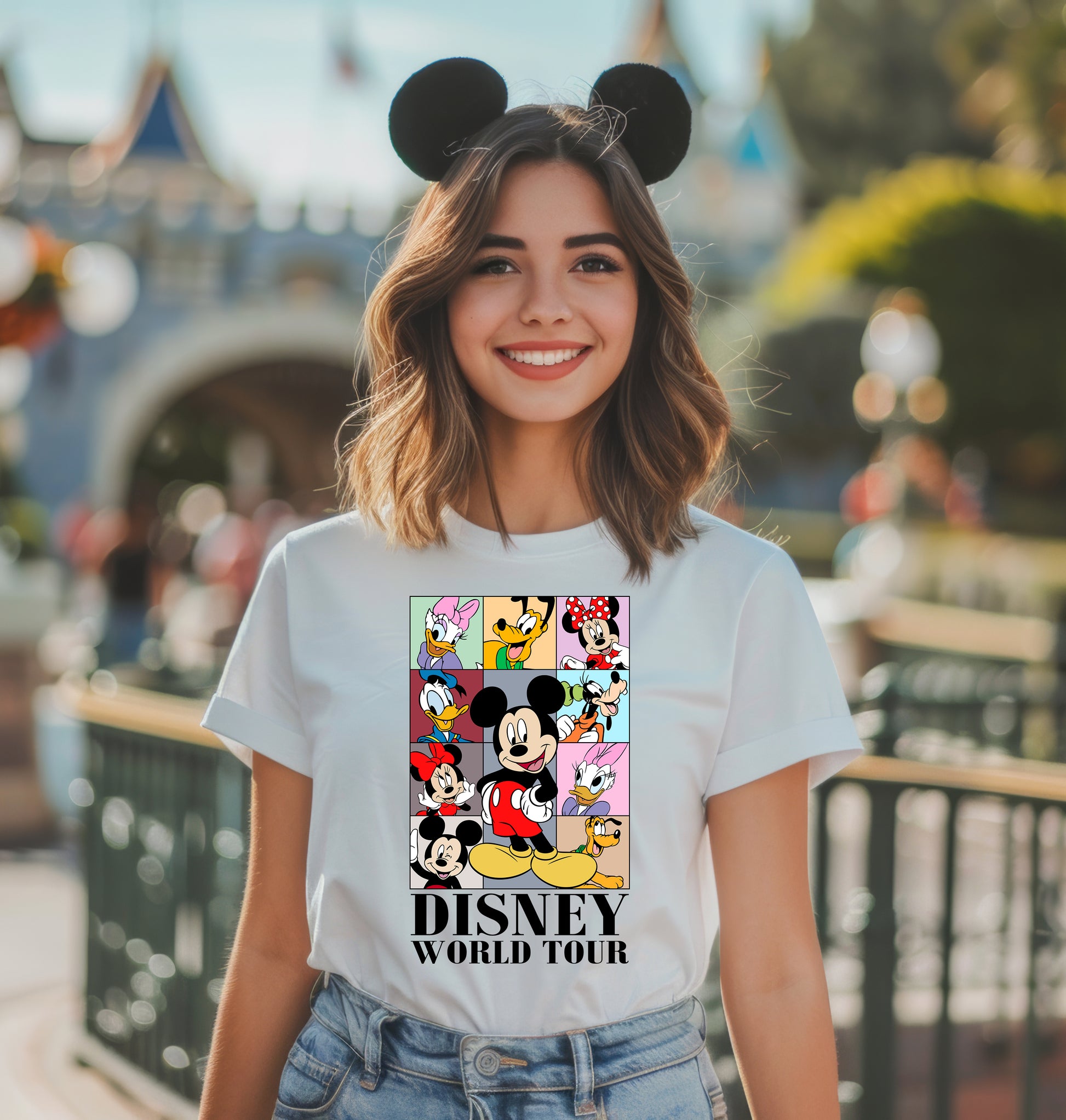 Flat lay of The Fab 6 World Tour Eras t-shirt featuring Disney-inspired characters