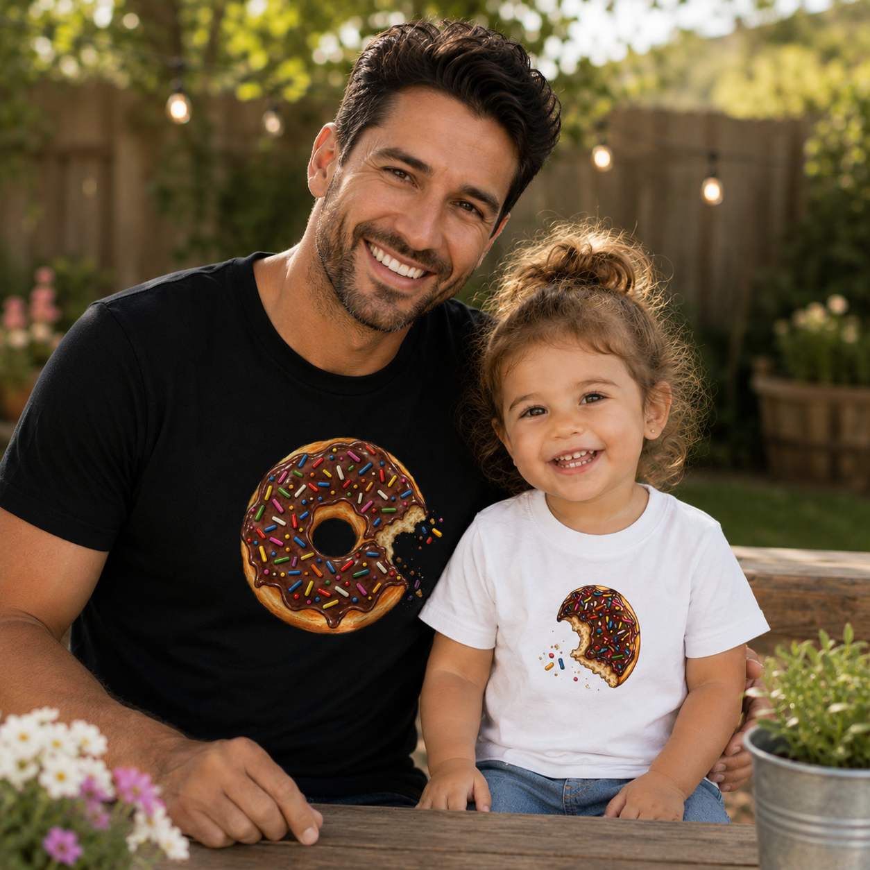 A smiling man and young girl sitting together outdoors at a wooden table. The man wears a black T-shirt with a large chocolate-frosting donut graphic, and the girl wears a white T-shirt with a smaller matching donut graphic.