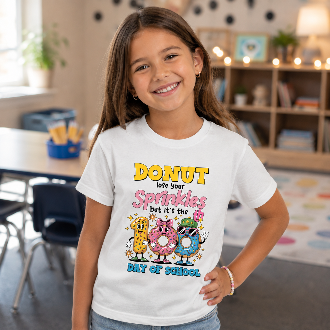 A young girl smiling in a classroom setting, wearing a white t-shirt with a colorful graphic that reads 'DONUT love your Sprinkles but it's the Day of School' with three cartoon donuts.