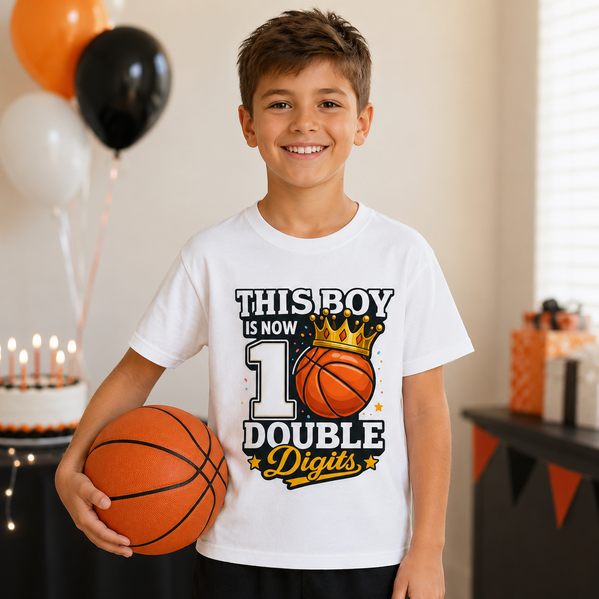 A smiling boy wearing a white graphic T-shirt and holding an orange basketball in a party setting with balloons, a birthday cake, and gift boxes in the background.