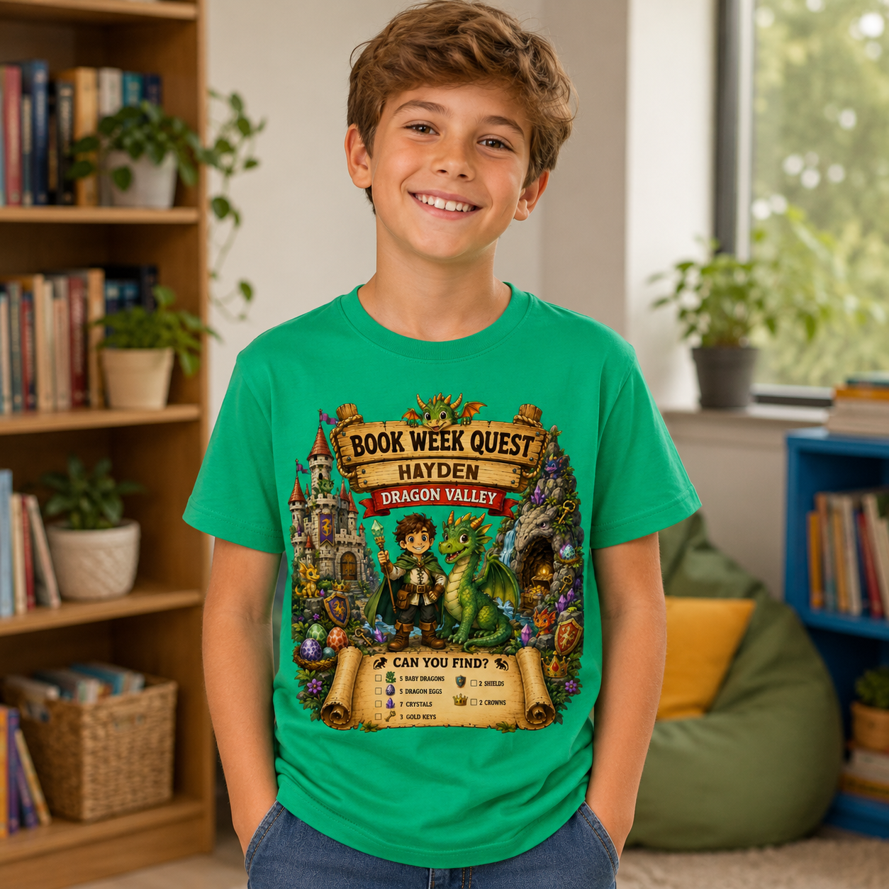 A smiling boy wearing a bright green graphic T-shirt in a cozy indoor room with bookshelves, plants, and a beanbag chair. The shirt features a detailed fantasy illustration with a dragon, castle, scrolls, and the text 'A Book Week Quest: Hayden Dragon Valley'.
