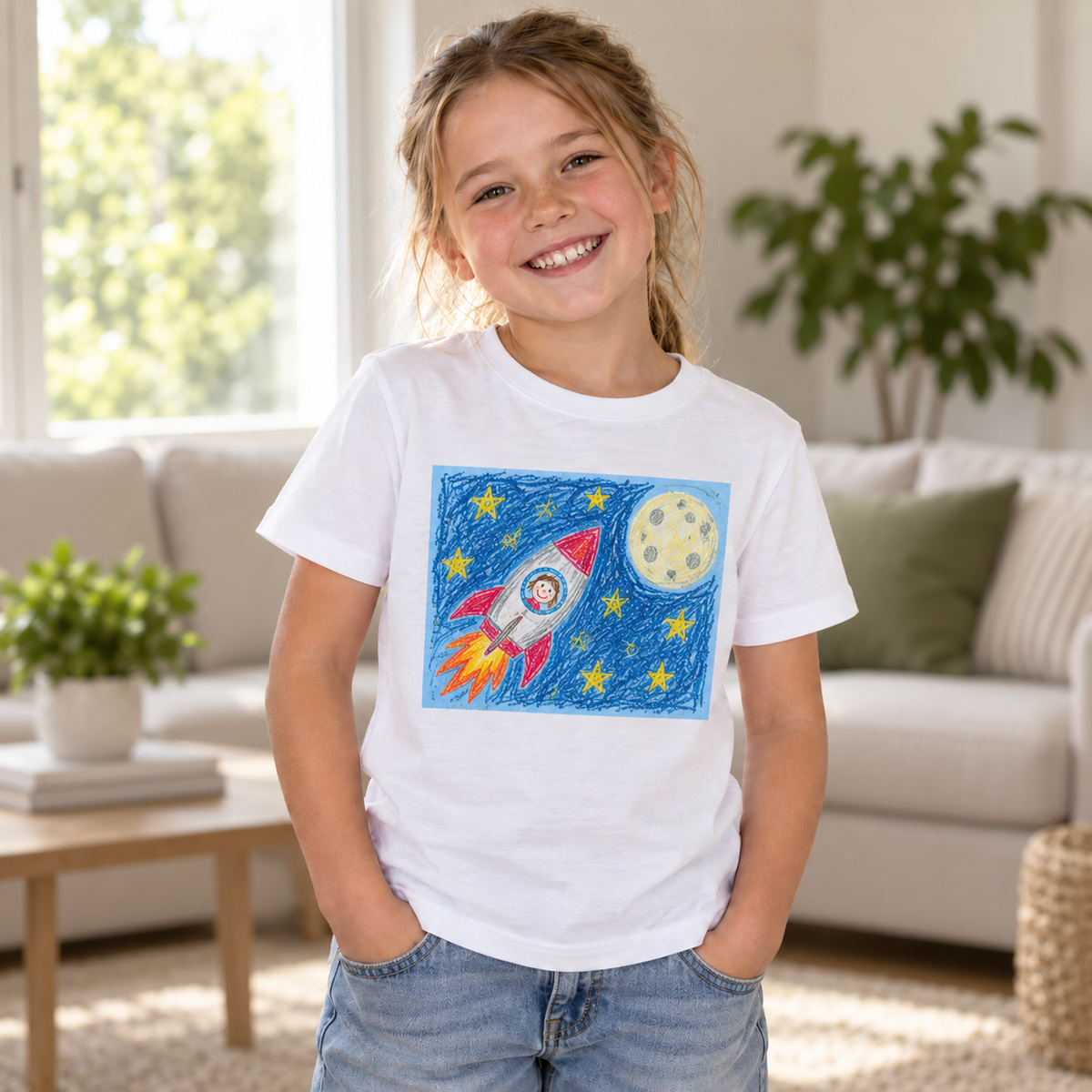 A young girl smiling in a bright living room, wearing a white short-sleeve t-shirt with a colorful crayon-style space graphic on the front showing a rocket, moon, and stars.