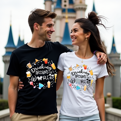 Drink Around the World Showcase Disney inspired t-shirt – front view with drink icons