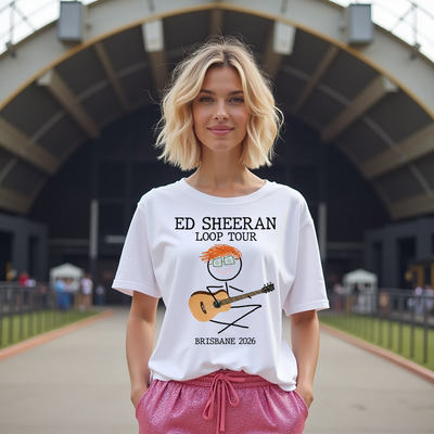 Woman wearing a white t-shirt with Ed Sheeran Loop Tour graphic in an outdoor setting.