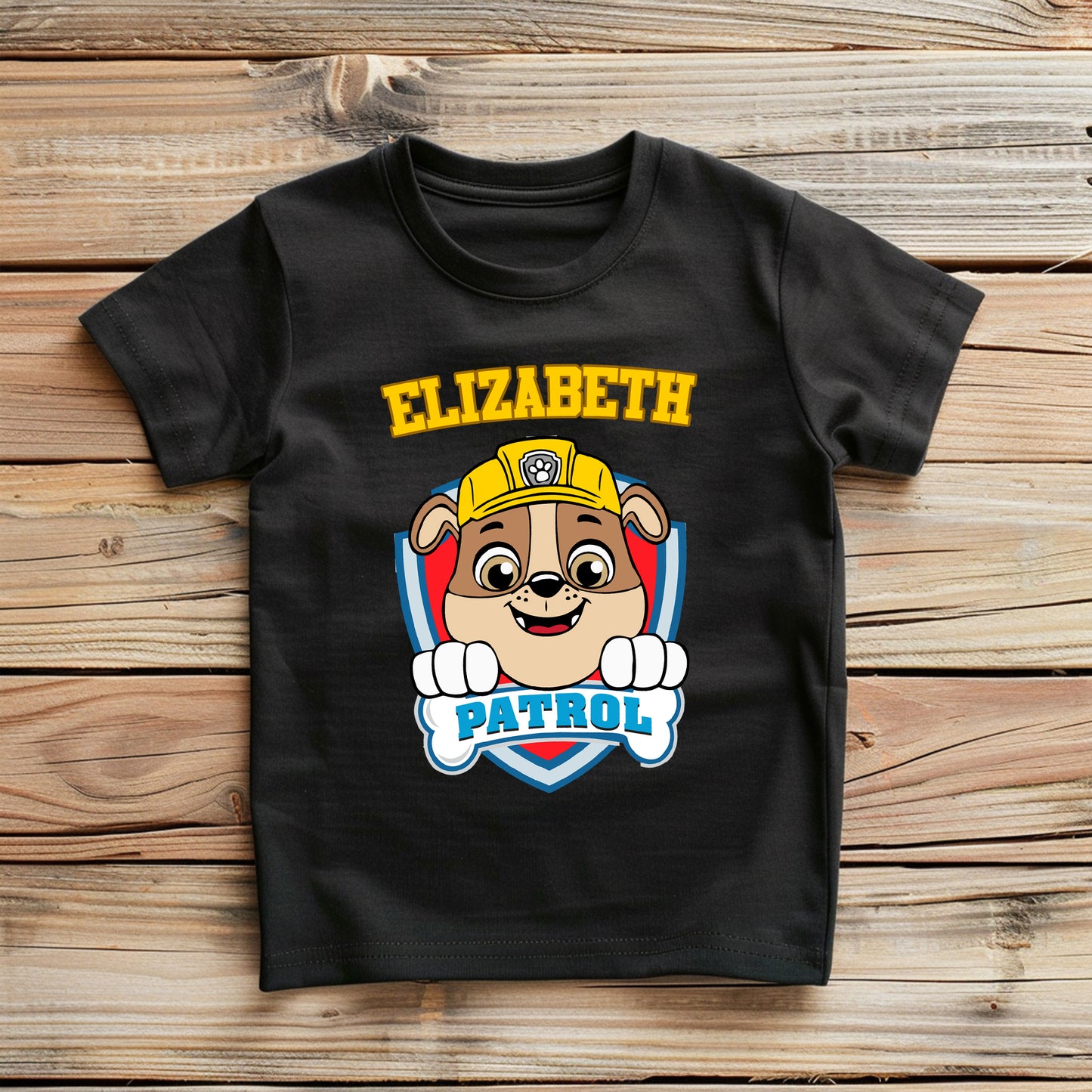 Paw Patrol personalised kids shirt with custom name and favourite pup design.