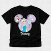 Black t-shirt with Disney character design on a light gray background