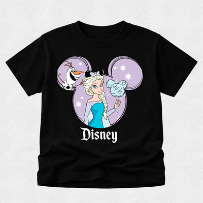 Black t-shirt with Disney character design on a light gray background