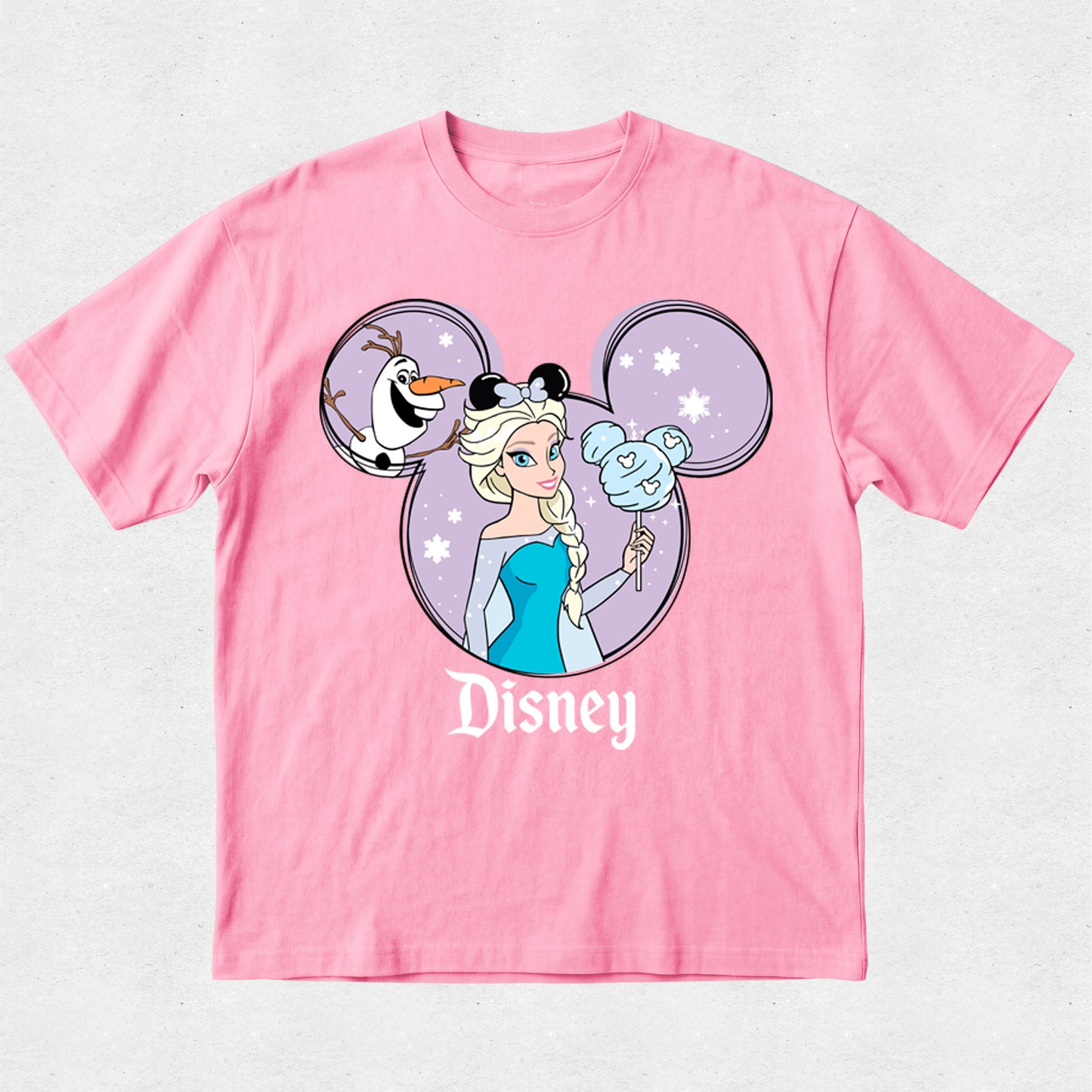 Pink t-shirt with Disney character design on a light gray background