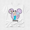 White t-shirt with Disney character design featuring Elsa and Olaf on a light purple circle.
