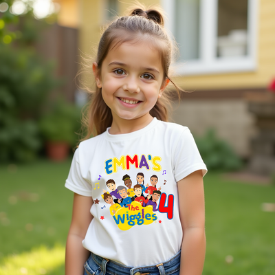 Young girl wearing a 'The Wiggles' t-shirt with colorful graphics and text.