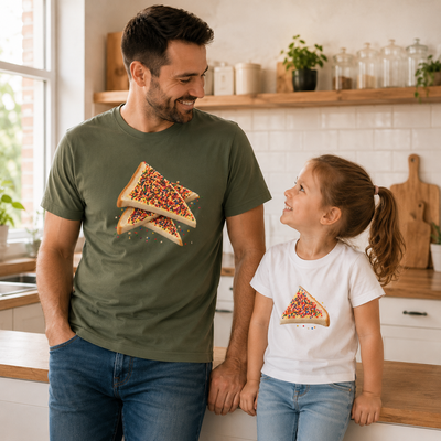 A man and a young girl standing in a bright kitchen, both wearing matching graphic t-shirts featuring a large slice of pizza with colorful sprinkles. The man's shirt is olive green, and the girl's is white.