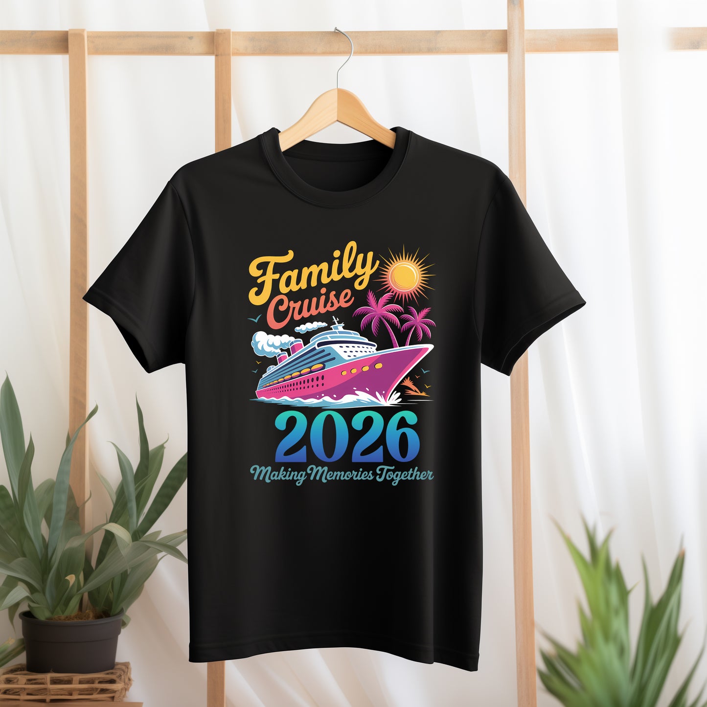 Black t-shirt with 'Family Cruise 2026 Making Memories Together' design on a hanger.