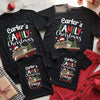 Matching family holiday cruise t-shirts with Christmas tree design, tropical festive wear.