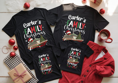 Matching family holiday cruise t-shirts with Christmas tree design, tropical festive wear.