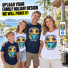 A family of four stands outdoors by a pool wearing matching graphic T-shirts with a tropical Costa Rica/Fiji sunset design and the text 'COSTA FAMILY FIJI 2027.' Large promotional text at the top reads 'UPLOAD YOUR FAMILY HOLIDAY DESIGN WE WILL PRINT IT!' A woman holds up a phone showing the printed design.