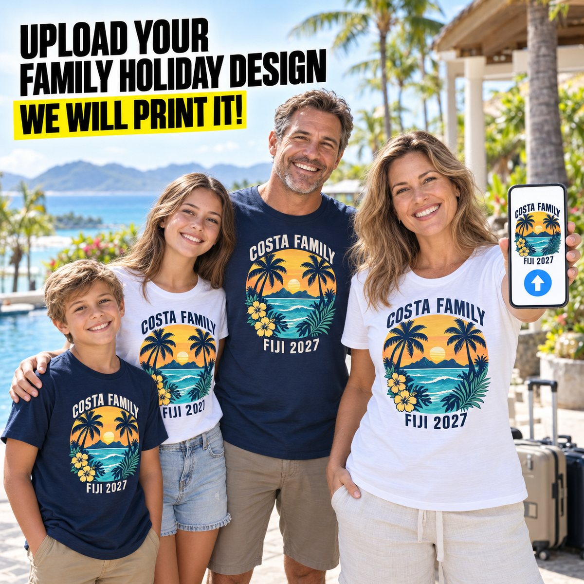 A family of four stands outdoors by a pool wearing matching graphic T-shirts with a tropical Costa Rica/Fiji sunset design and the text 'COSTA FAMILY FIJI 2027.' Large promotional text at the top reads 'UPLOAD YOUR FAMILY HOLIDAY DESIGN WE WILL PRINT IT!' A woman holds up a phone showing the printed design.