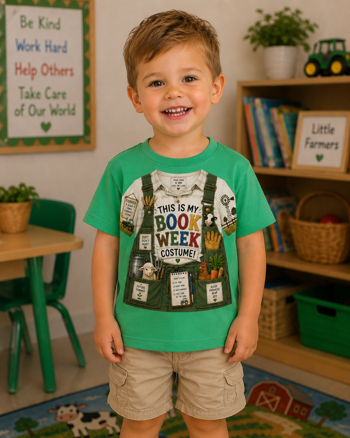 A young boy smiling in a classroom setting, wearing a bright green graphic t-shirt that reads 'THIS IS MY BOOK WEEK COSTUME!' with a book-and-costume illustration, paired with khaki cargo shorts.