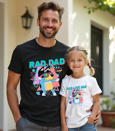 Close-up of Rad Dad Bluey inspired t-shirt design on soft cotton fabric
