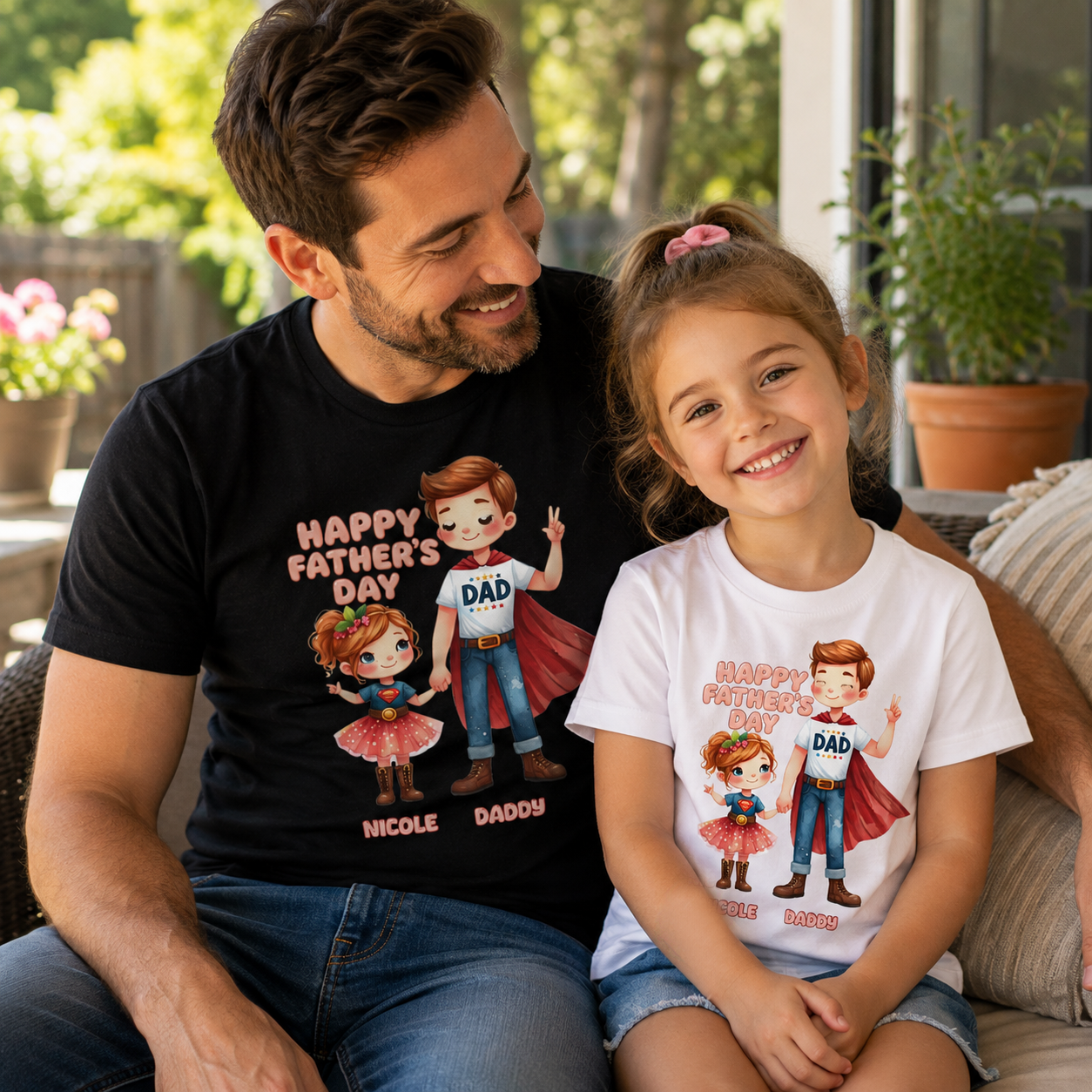 A man and a young girl sitting together on a patio, both wearing custom superhero-themed Father's Day t-shirts. The man wears a black t-shirt with a colorful graphic of a superhero dad and the text 'HAPPY FATHER'S DAY NICOLE DADDY', while the girl wears a white t-shirt with a matching graphic and 'HAPPY FATHER'S DAY DAD'.