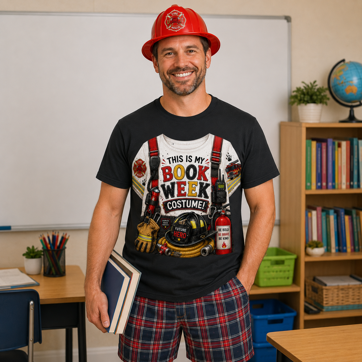 A man wearing a firefighter-themed graphic t-shirt and red plaid shorts stands in a classroom setting, holding a book. The t-shirt features a white graphic with red suspenders and the text 'THIS IS MY BOOK WEEK COSTUME!' alongside firefighter illustrations.