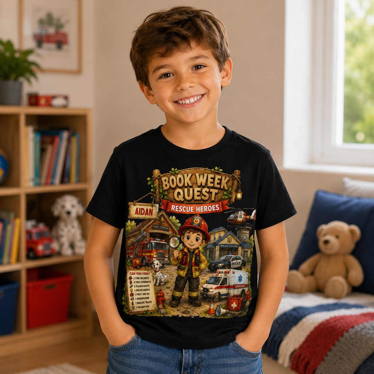 A smiling young boy stands in a child's bedroom wearing a black graphic T-shirt with a colorful 'Book Week Quest Rescue Heroes' print on the front, paired with blue jeans.
