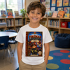 A smiling young boy stands in a brightly lit children's library or classroom wearing a white graphic T-shirt. The shirt features a large colorful print of the book cover for 'The Fireman's Adventure' by Lucas.