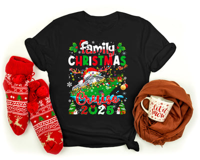 Matching family Christmas cruise t-shirts with Deck the Halls design, holiday vacation wear.