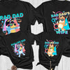 Family matching Bluey inspired t-shirts featuring Rad Dad, Rad Dad’s Wife, and Rad Like Dad designs