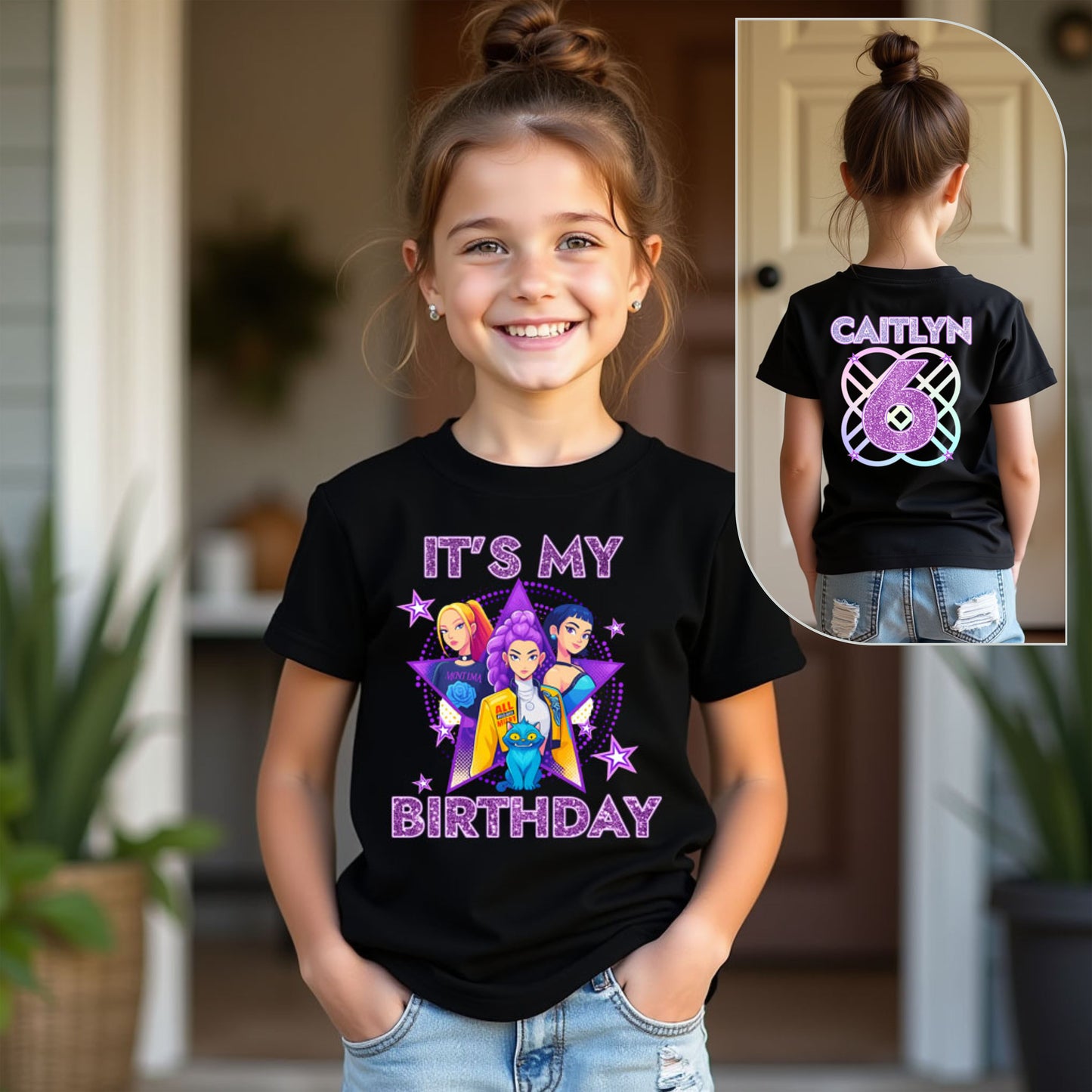 Child wearing a black t-shirt with 'It's My Birthday' design, standing indoors.