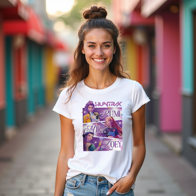 K-Pop themed t-shirt with Demon Hunters artwork, styled for fans of music, fantasy, and Netflix animation.