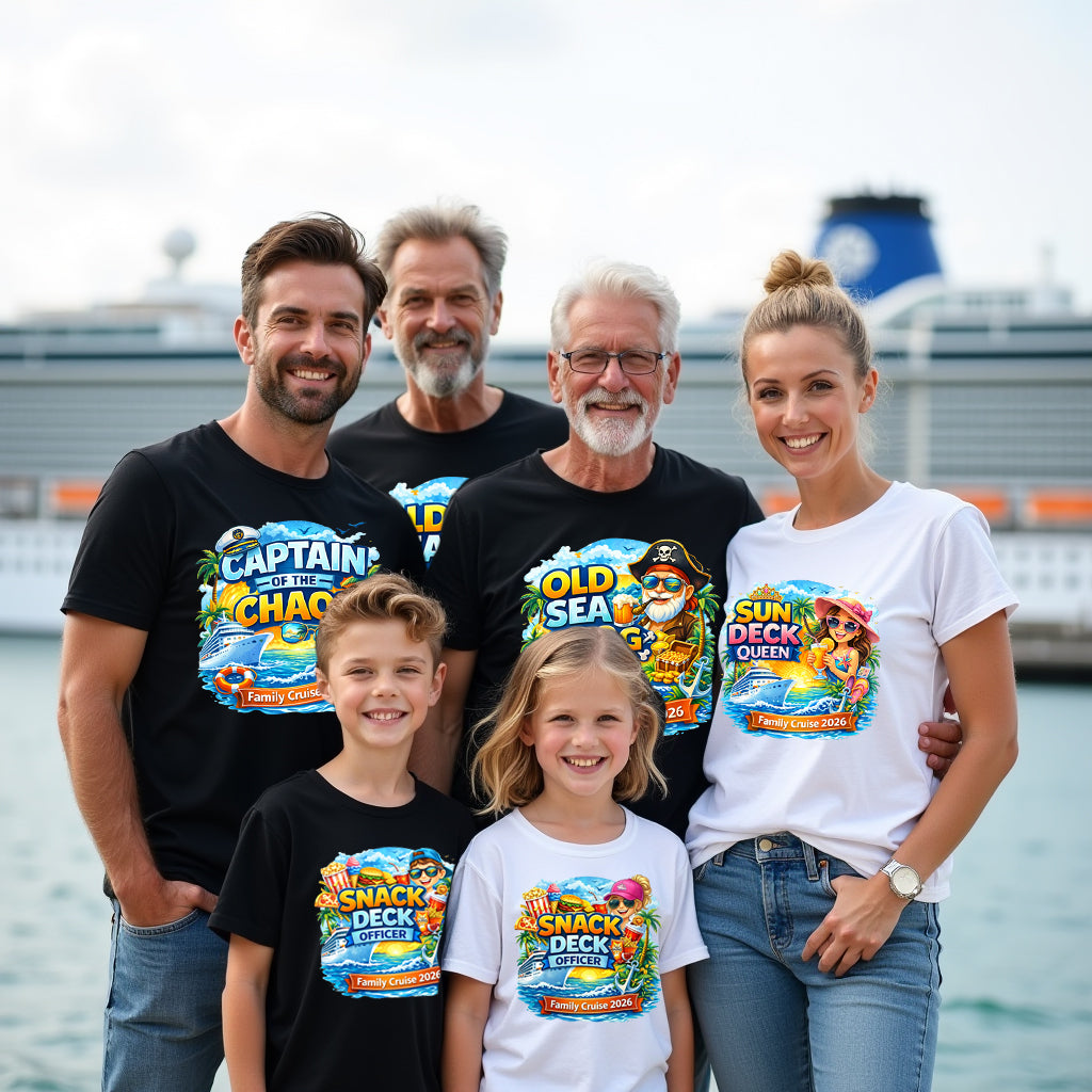 Family posing together with matching themed cruise t-shirts by a body of water.