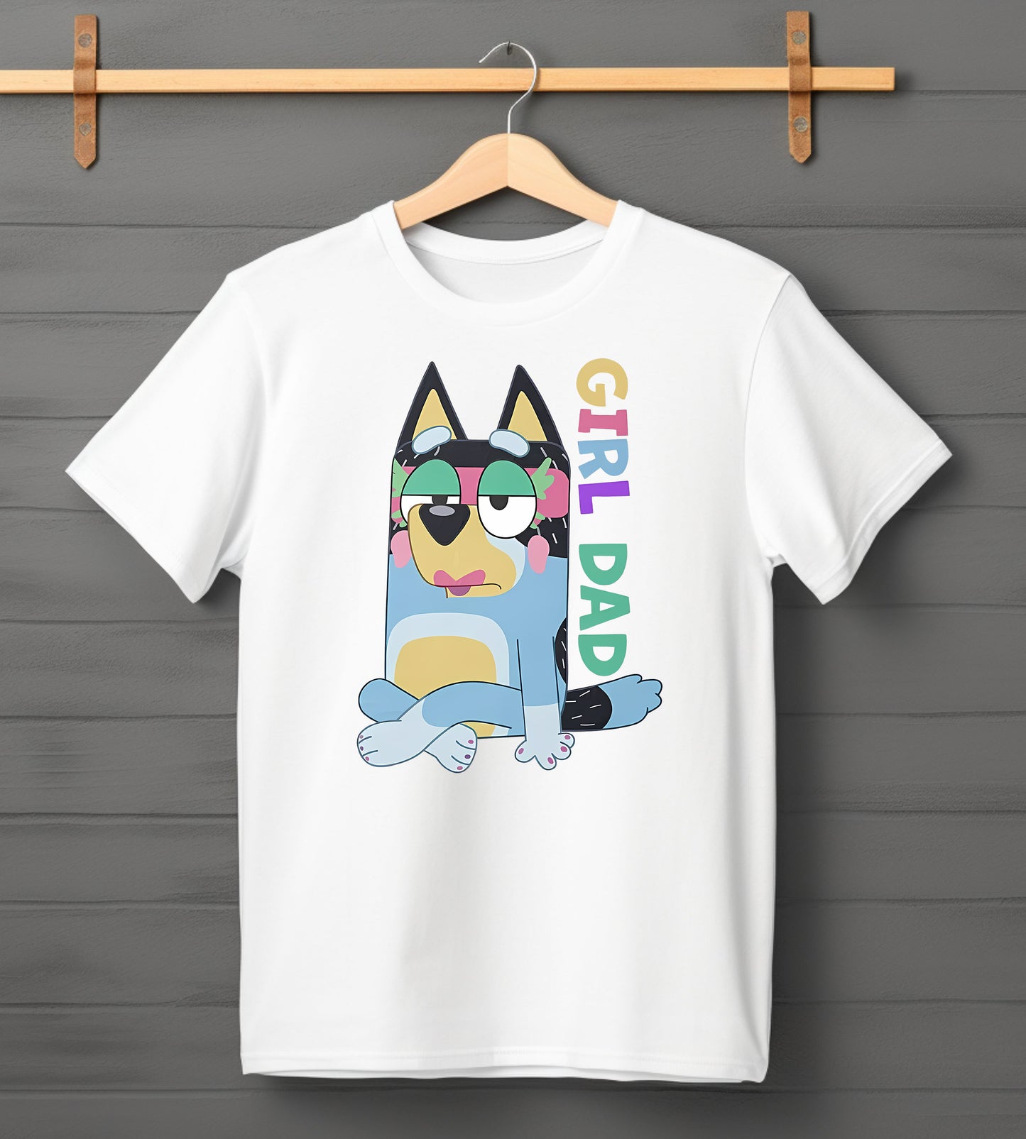 Close-up of Bandit character wearing makeup in Bluey inspired Girl Dad white tee