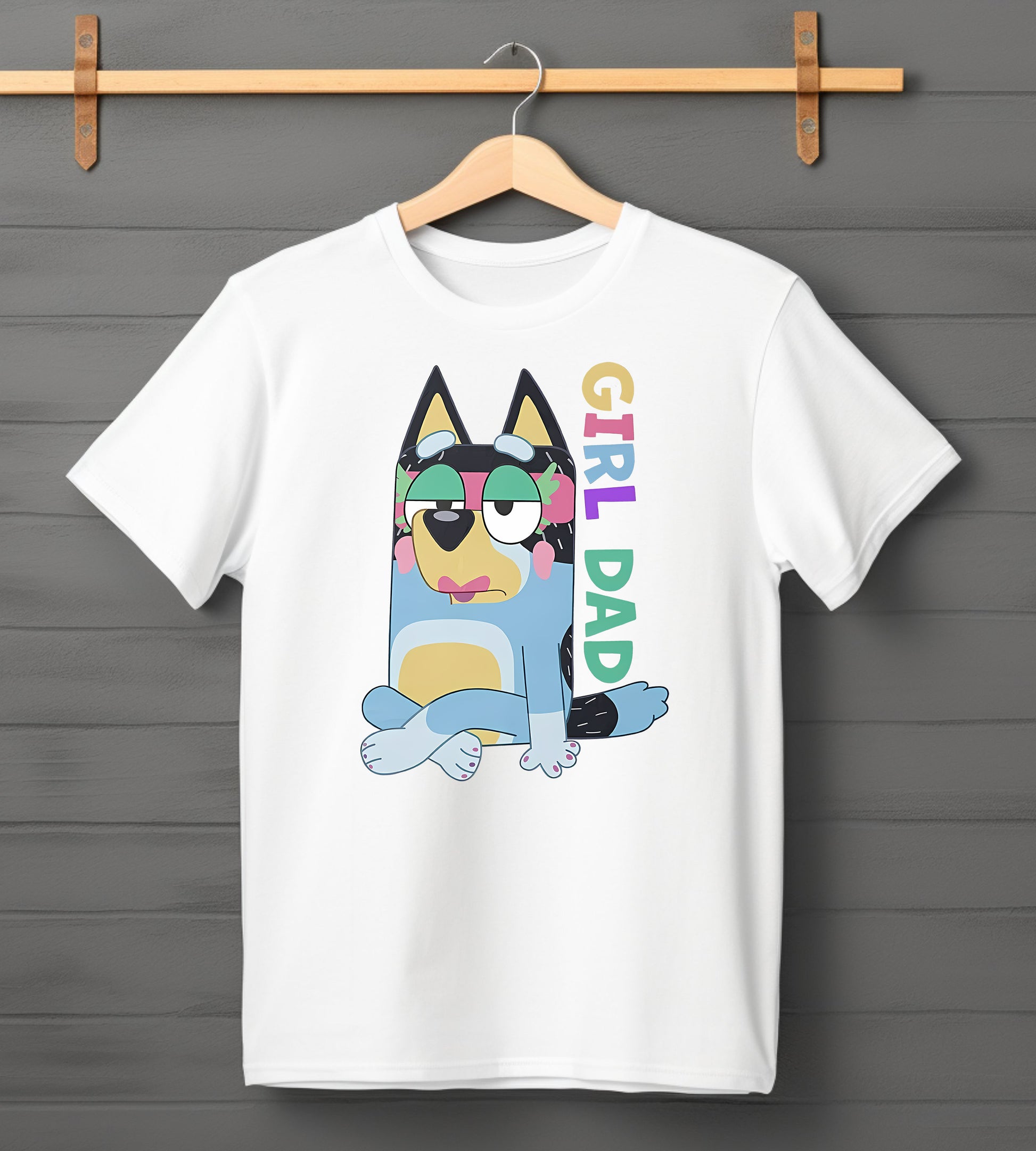 Close-up of Bandit character wearing makeup in Bluey inspired Girl Dad white tee