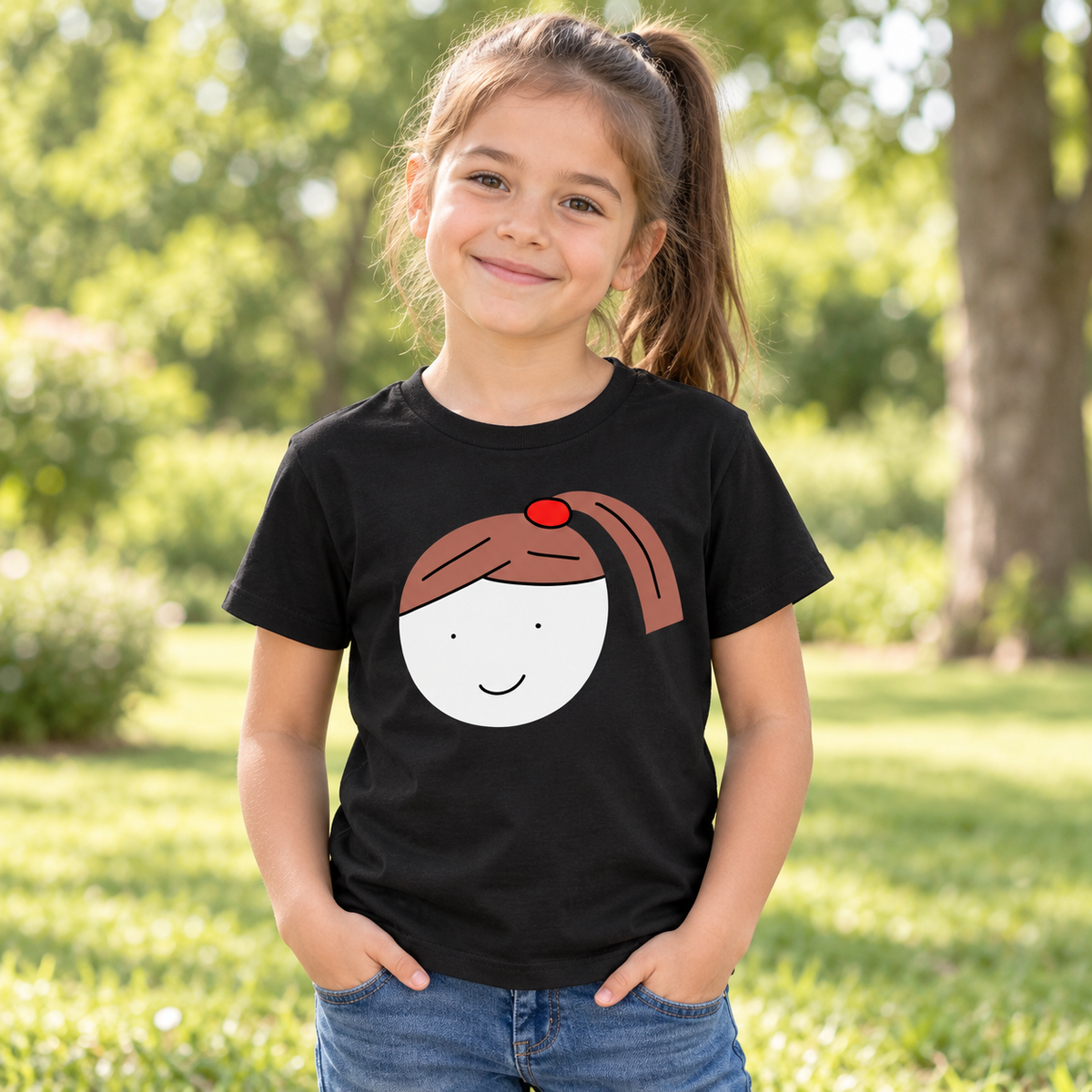 A young girl with a ponytail stands outdoors on a grassy lawn wearing a black t-shirt with a cartoon graphic of a girl with brown hair and a red hair tie, paired with blue jeans.