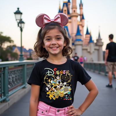 Model wearing the Ride & Repeat Golden Car Disney t-shirt