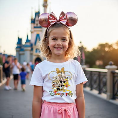 Young girl wearing a Disney-themed t-shirt and Minnie Mouse ears in front of a castle.