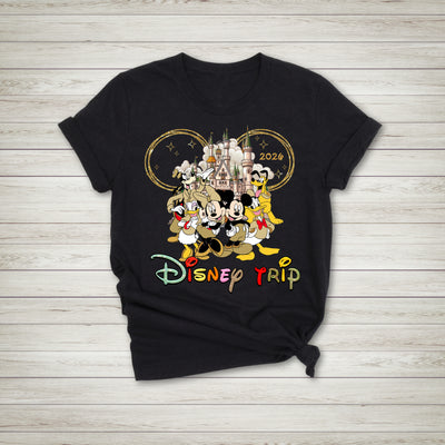 Black t-shirt with Disney-themed design featuring cartoon characters and 'Disney Trip' text on a wooden surface.