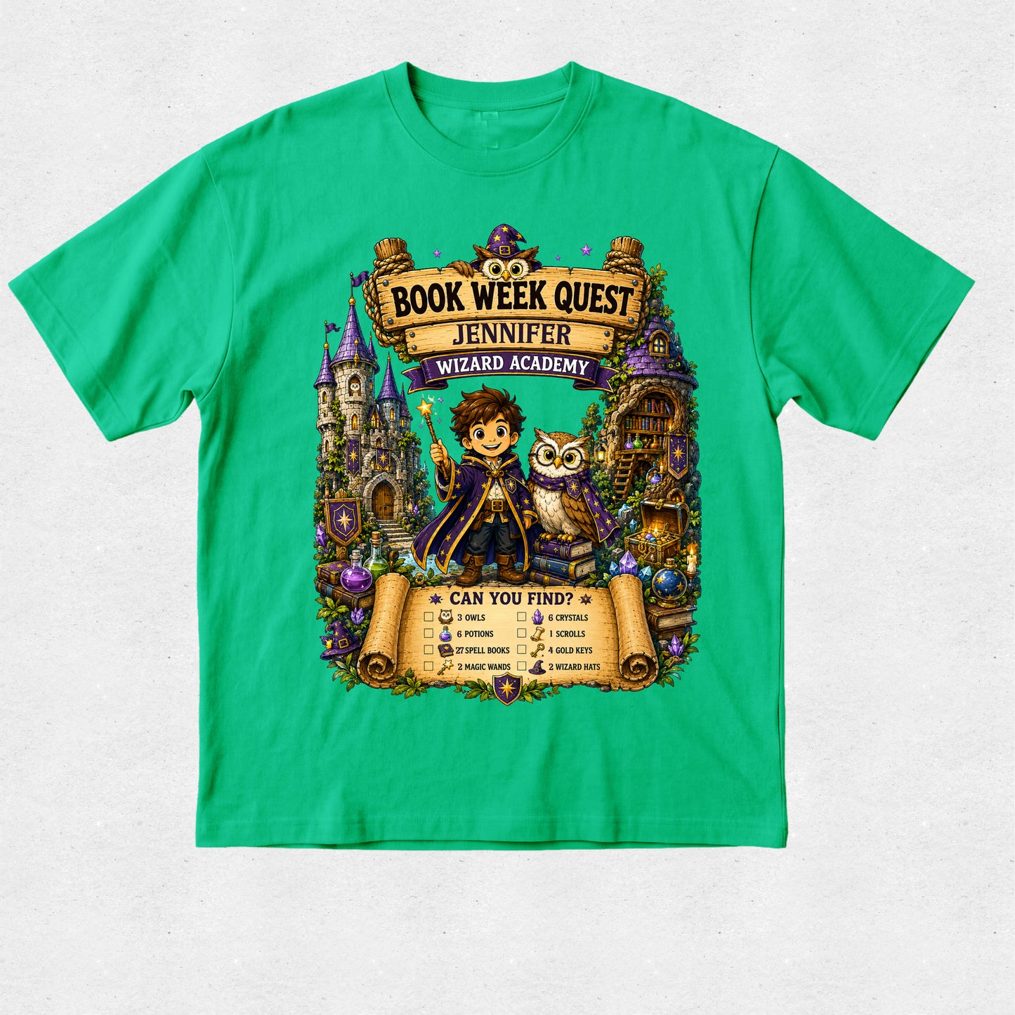 A bright green short-sleeve t-shirt with a detailed graphic print on the front. The graphic features a fantasy illustration of a boy wizard and an owl under a banner reading 'Book Week Quest Jennifer Wizard Academy', with a checklist below.