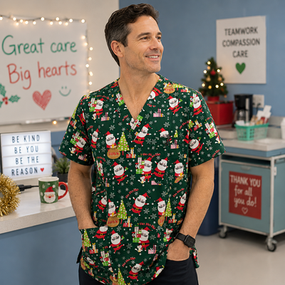Man wearing a festive green scrub top with Santa Claus design in a medical setting.