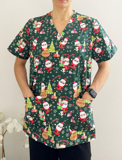 Christmas Unisex Printed Scrubs - Green Santa Toys